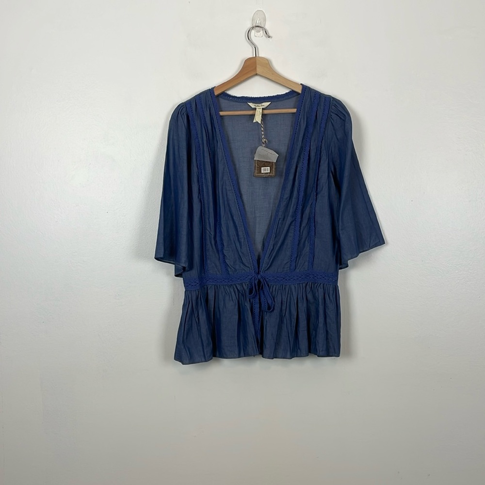 Matilda Jane Womens S Open Tie Cardigan 3/4 Wide Sleeve Lace Peplum Blue Blouse